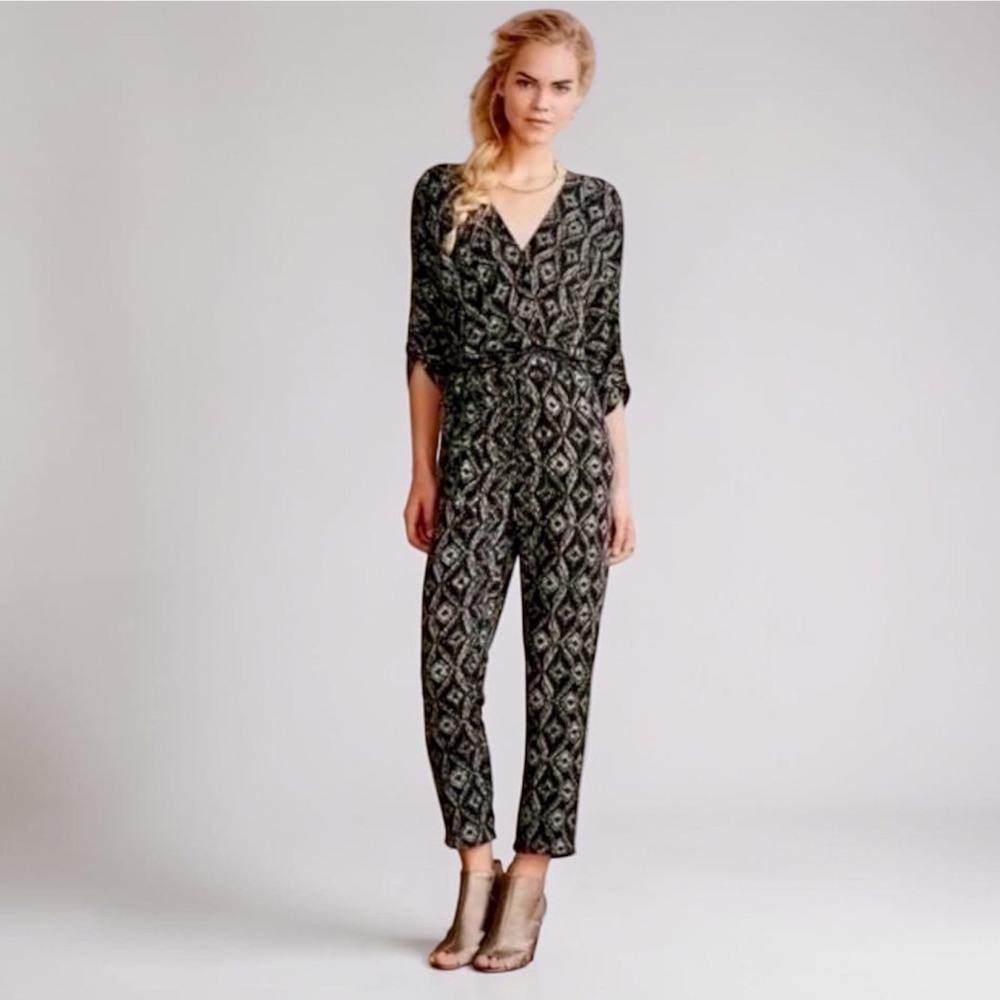 Anthropologie Elevenses Geometric Ikat Print Jumpsuit Black V-Neck Elastic M